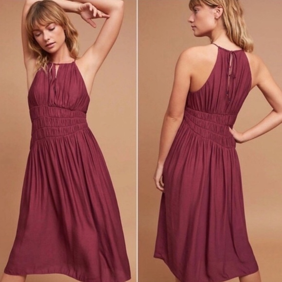 Moulinette Soeurs / Anthropologie / Plum Smocked Halter Midi Dress / Size 6 P - Picture 2 of 8